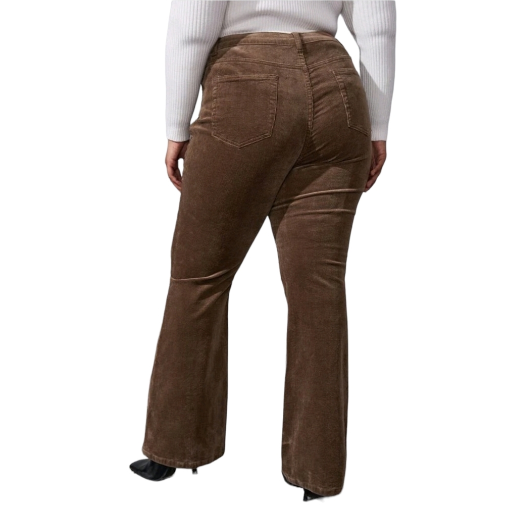 Shein Plus Size 5 Pockets High Waist Brown Corduroy Flare Boot Cut Pants, 2XL - Picture 2 of 5